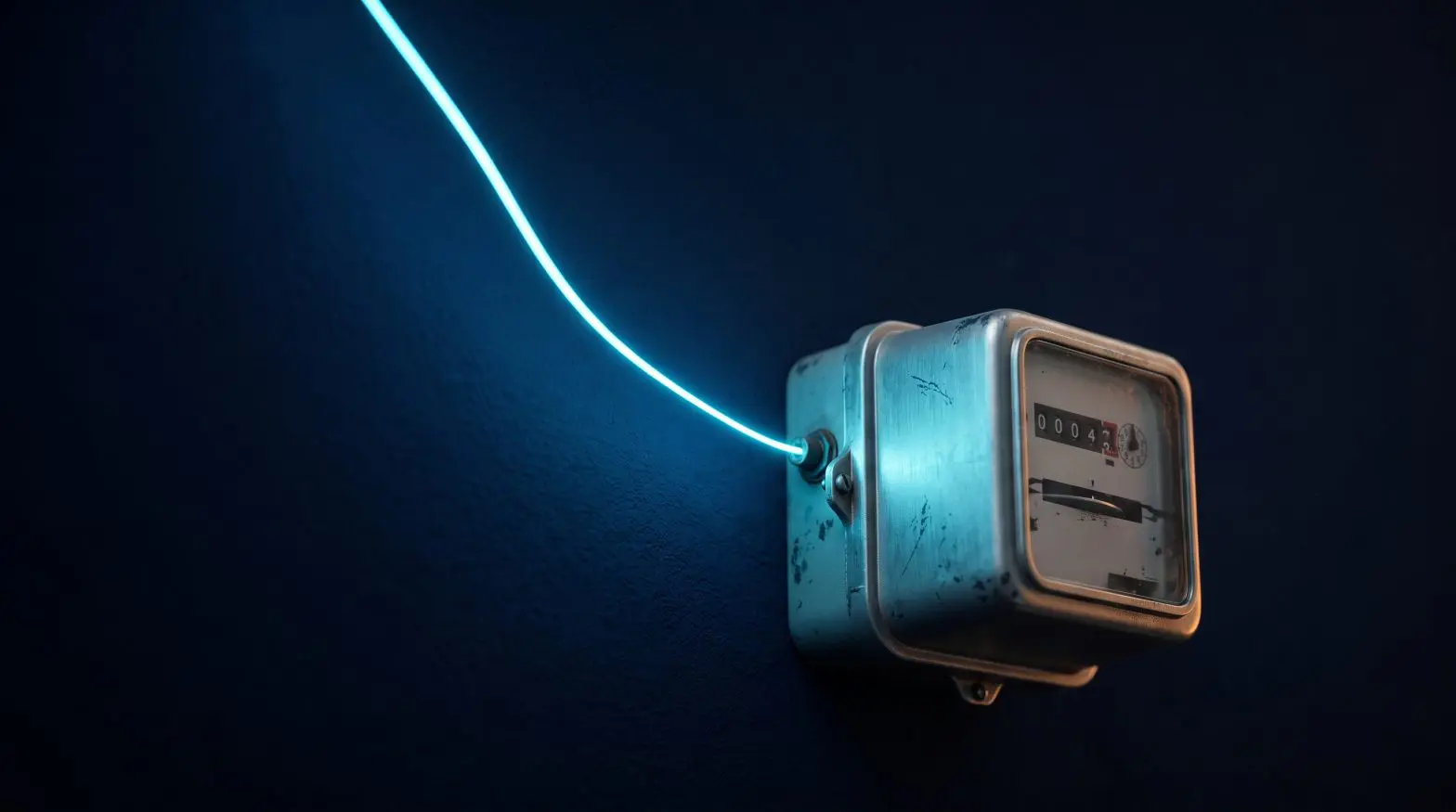 A glowing thread of electric-cyan light feeding an ordinary electricity meter
